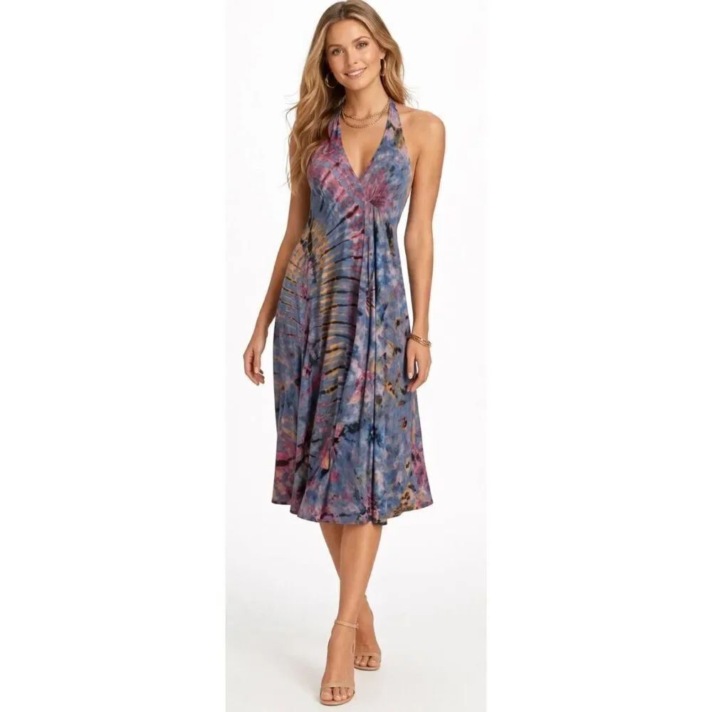 womens large midi dress artisan boho gypsy hippie halter neck tie dye handmade